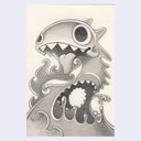 Graphite illustration of a large monster with a comically large head, open body and tongue out.