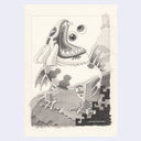 Graphite illustration of a monster with a rounded body, fish tail and 2 feet. Its mouth is on the side of its head and 2 eyes float within the mouth.
