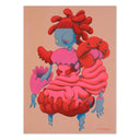 Colorful abstract art piece with red, pink, and blue colors on a beige background