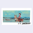 Painting of a person riding a horse with a scenic background on a light blue card.