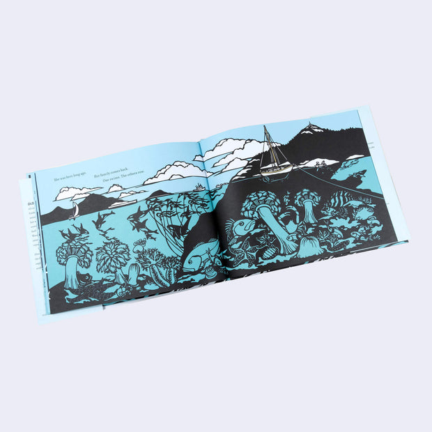 Page excerpt featuring paper art in a limited color palette of blue, black and white. An underwater scene shows many fish and sea plants and a far away boat floating on the surface.