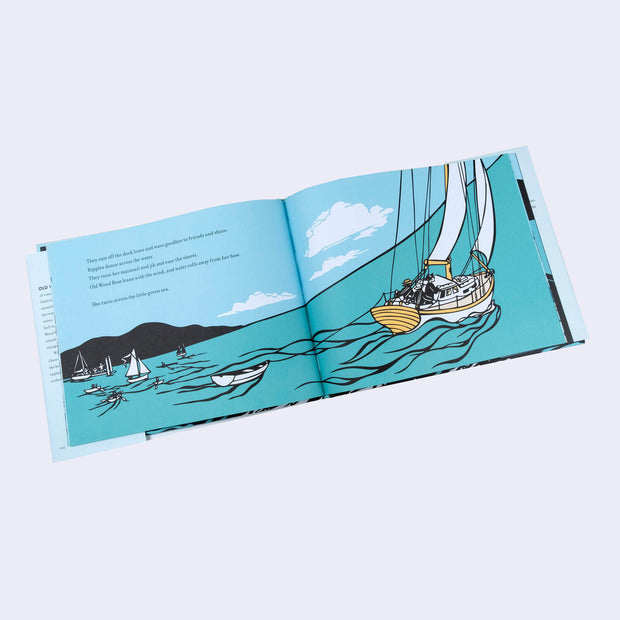 Page excerpt featuring paper art in a limited color palette of blue, tan, black and white. A sail boat rides up a wave in the ocean, with smaller boats visible off in the distance.
