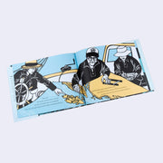 Page excerpt featuring paper art in a limited color palette of blue, tan, black and white. People look over a map, charting an island.