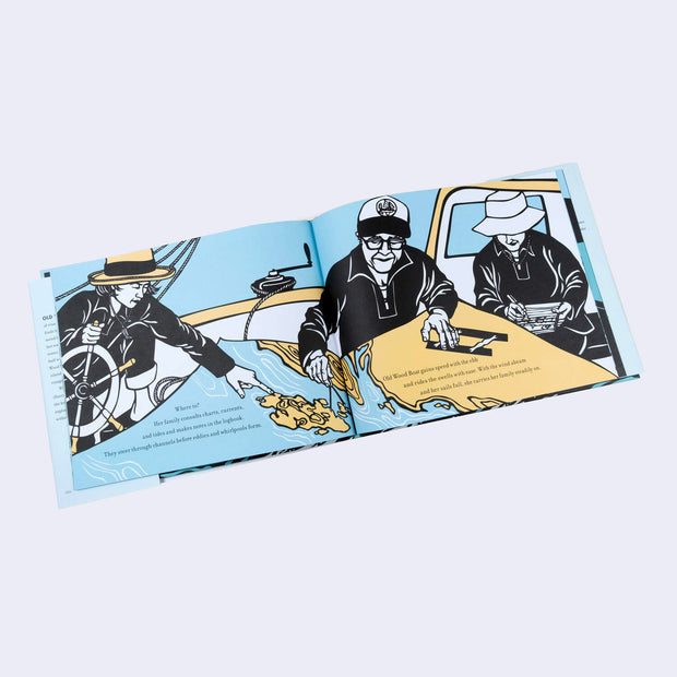 Page excerpt featuring paper art in a limited color palette of blue, tan, black and white. People look over a map, charting an island.