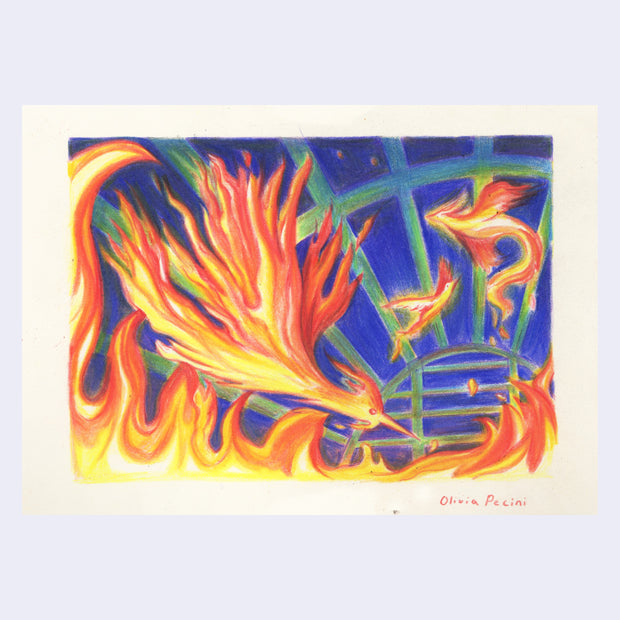 Colored pencil drawing with very vibrant colors of a large phoenix, swooping down towards a line of flames. 2 smaller Phoenixes fly behind it, framed by a blue night sky and green infrastructure bars, as if they are within a greenhouse. 