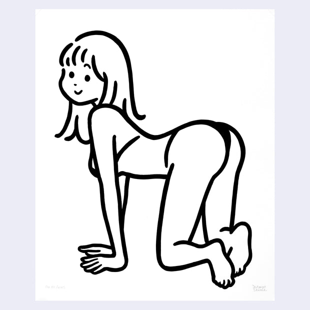 Black and white line drawing of a person on all fours, she wears a bikini and smiles over her shoulder.