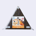 A packaged triangular onigiri (rice ball) with a dark seaweed exterior and a front label showing salmon and Japanese text. The package includes pull tabs numbered 1, 2, and 3, and is photographed on a clean light gray background.