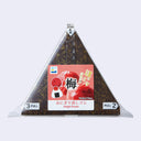 A packaged triangular onigiri (rice ball) with a dark brown seaweed exterior and a red front label. The label includes Japanese text, the English phrase 'Onigiri Eraser,' and pull tabs numbered 1, 2, and 3 at the top and corners.