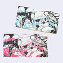 Two rectangular memopads with a stylized illustration of a woman driving a car, rendered in black linework with light blue and pink color accents on a pale background.