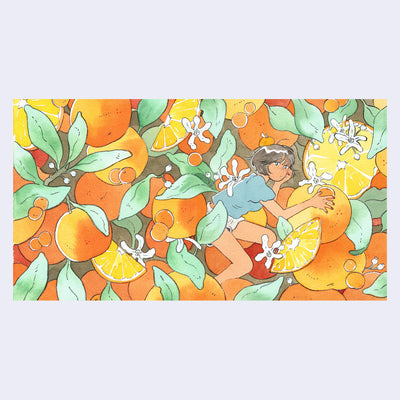 Brightly colored watercolor illustration of a girl in shorts and a tshirt sitting amongst large oranges, still on the branches. There are white orange blossoms and some open slices of the fruit.