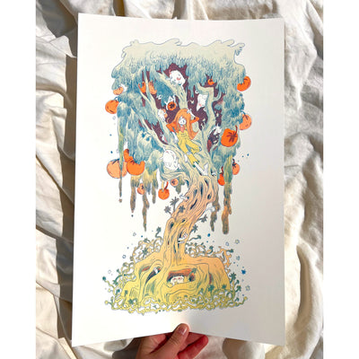 Print of a long haired girl wearing overalls and sitting in a large tree with orange fruit growing. The tree trunk has many holes for small creatures.