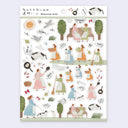 Sheet of illustrated stickers with people, animals, and nature on a white background