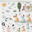 Close up of sticker sheet illustration showing women doing chores, talking and interacting with nature.