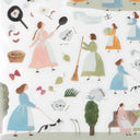 Close up of sticker sheet illustration showing women doing chores, talking and interacting with nature.