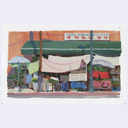 A watercolor painting of a street market stall with green awnings, colorful goods, and a Chinese sign on a white paper background.