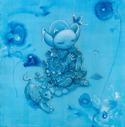 Blue monochromatic illustration of a flower head character, sitting cross legged with flowers growing out all over its body. A playful dog sits nearby, holding an orb like a throwing ball. 