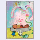 A colorful artwork of a stylized fox in a bed, with its spirit raising out of it, going towards a large fox silhouette above, painted in pastel pink, blue, green, yellow, and purple tones. Signed 'Cynara Mori' in the lower-left corner.