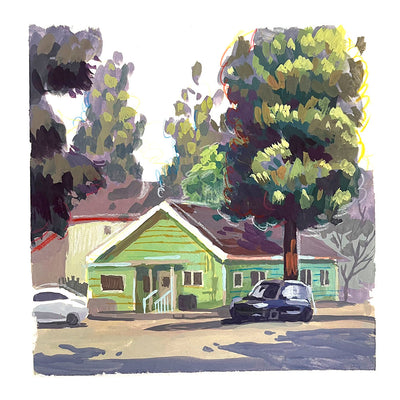 Plein air painting of a green house with white trim. 2 cars are parked in a lot in front of it, with many very tall trees around.