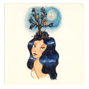 Illustration of a woman with blue hair and a tree with an owl on her head against a night sky.