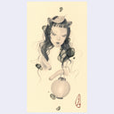 Artistic depiction of a woman with the hands of a tanuki, holding a lantern with a leaf atop her head.