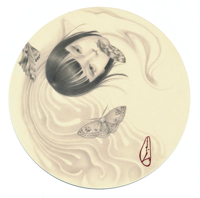 Cream colored circle with a finely rendered drawing of a girl's head, upside down with a moth on her moth. Around her is a subtle wave pattern and 2 other moths.