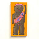 Stylized figure with a pink sash on an orange background