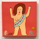 Illustration of a figure with an 'OPINION' sash on a red background, surrounded by small animals.