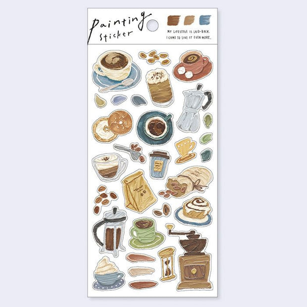 Sheet of coffee-themed stickers with various coffee items on a white background