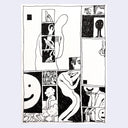 Black and white abstract artwork with various shapes and figures on a light purple background