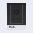 Pantone Card holder in a minimalist black and white design, featuring a circular cutout in the upper half and the text 'PANTONE Card holder' on the lower white band.