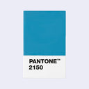 A Pantone 2150 color swatch card featuring a solid blue upper section and a white lower section with black text, centered on a light gray background.
