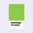 A Pantone color swatch card showing a bright lime green color block on the top half and a white bottom half with the text 'PANTONE 15-0343' in black, centered on a light gray background.