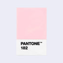 A Pantone 182 color swatch card showing a solid pastel pink color block on the top half and a white bottom half with the black PANTONE 182 text, centered on a light gray background.