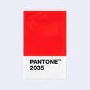 A Pantone 2035 color swatch card featuring a vibrant red upper block and a white lower block with the text 'PANTONE 2035' in black, set against a light gray background.