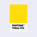A Pantone Yellow 012 color swatch card featuring a solid yellow upper section and a white lower section with black text, centered on a light gray background.