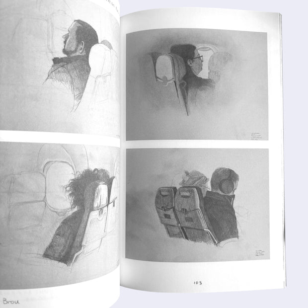Open book displaying black and white illustrations of a people on a plane, viewed from behind or the side.