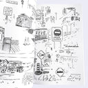 Open zine spread of 2 pages of observational street signs and roadwork themed illustrations 