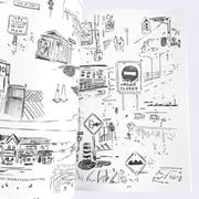 Open zine spread of 2 pages of observational street signs and roadwork themed illustrations 