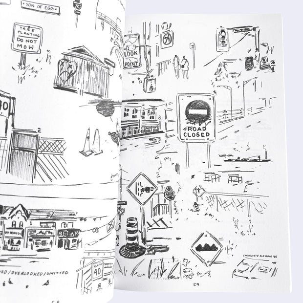 Open zine spread of 2 pages of observational street signs and roadwork themed illustrations 