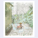 A watercolor-style art print depicting a young girl crouching on a stone path in a garden, surrounded by cats, with a stone wall and greenery in the background.