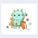 Ink and watercolor illustration of a light green robot mascot, with 2 small kids dressed in their own robot costumes. Small robot plush dolls are around the scene.