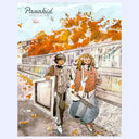 Cover of "Parakid - Art Collection" featuring an illustration of 2 people holding art supplies and walking down a street during autumn, with orange foliage in the background.