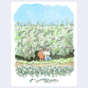 A watercolor-style art print depicting a 2 children sitting in front of a dense hedge of purple flowers, with a small green dragon illustrated along the bottom border, set against a light lavender background.