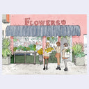Watercolor-style illustration of a flower shop storefront with the word 'FLOWERS' above a striped awning, potted plants, and three girls standing outside holding yellow flower bouquets.