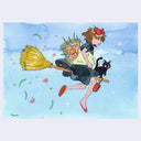 Watercolor-style illustration of a young girl with brown hair and a red bow riding a straw broomstick, accompanied by a black cat, against a light blue sky with small stars and floating petals.