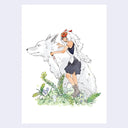 A watercolor-style art print featuring a white wolf-like creature and a young girl in a dark dress, with small plants and tiny figures at the bottom, centered on a white background.