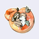 Sticker of a girl curled up inside of a peach or nectarine, using the pit of the fruit as a pillow of sorts.