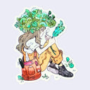 Illustration of a person with a green tree on their head, wearing overalls and boots, sitting on the ground with leaves in their hands.