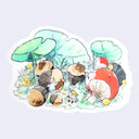 A die-cut sticker featuring a whimsical watercolor illustration of large acorns under large green lily pads, with one red mushroom and small yellow flowers, shown on a light lavender background.
