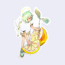 Sticker of an anime character standing near a lemon, partially cut into a half and then slices. The character has a halo and angel wings and holds a leaf branch.
